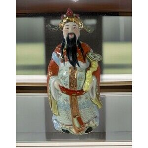 Chinese God General Kwan Statue Reishi Mushroom Ceramic 10" Vtg Asian Decor